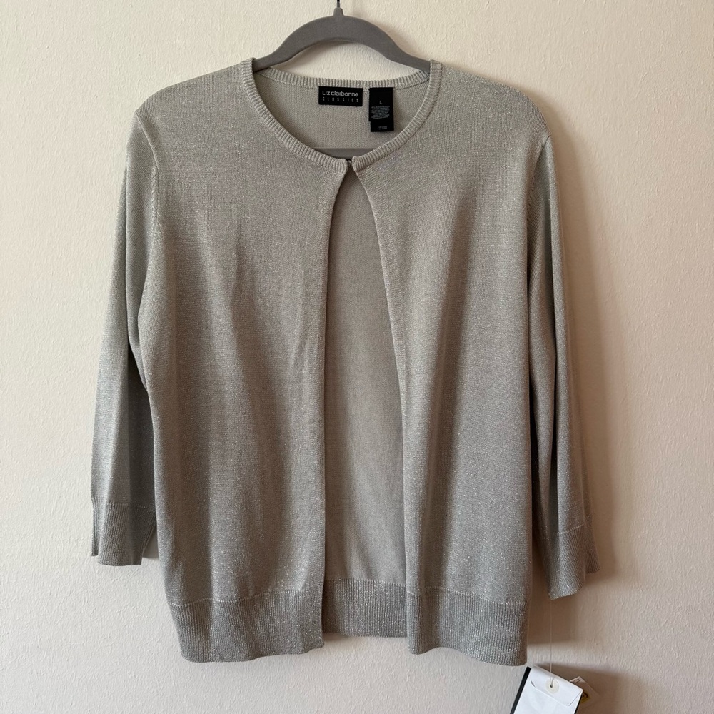 Liz Claiborne Knit Silk Blend Metallic Crewneck 3/4 Sleeve Open Cardigan Sweater